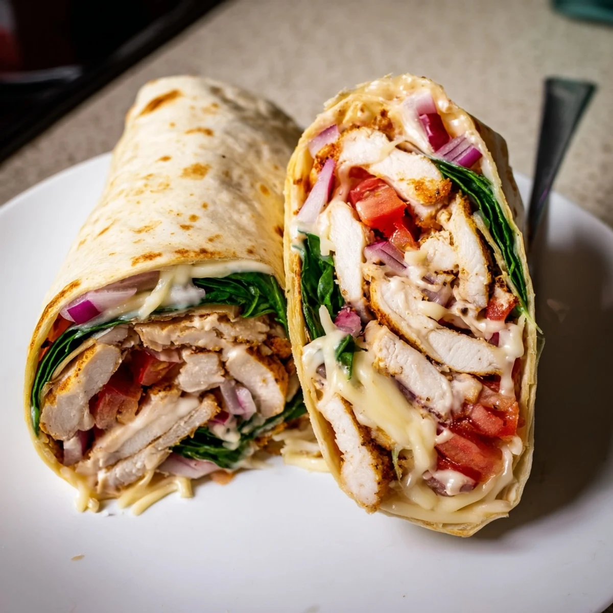 Cheesy Garlic Chicken Wraps sliced, golden skillet-crisp exterior, gooey cheese visible