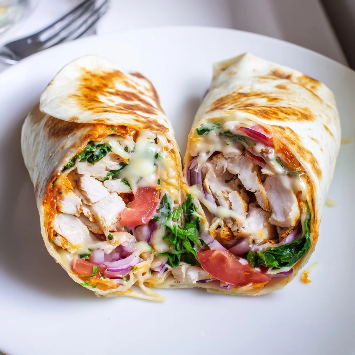 Warm Cheesy Garlic Chicken Wraps filled with melty cheese, spinach, and tomato