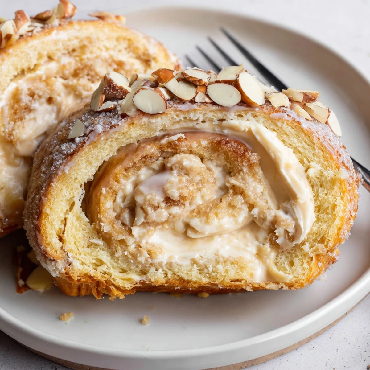 Warm Almond Cream Cheese Rolls drizzled with almond glaze, toasted sliced almonds.