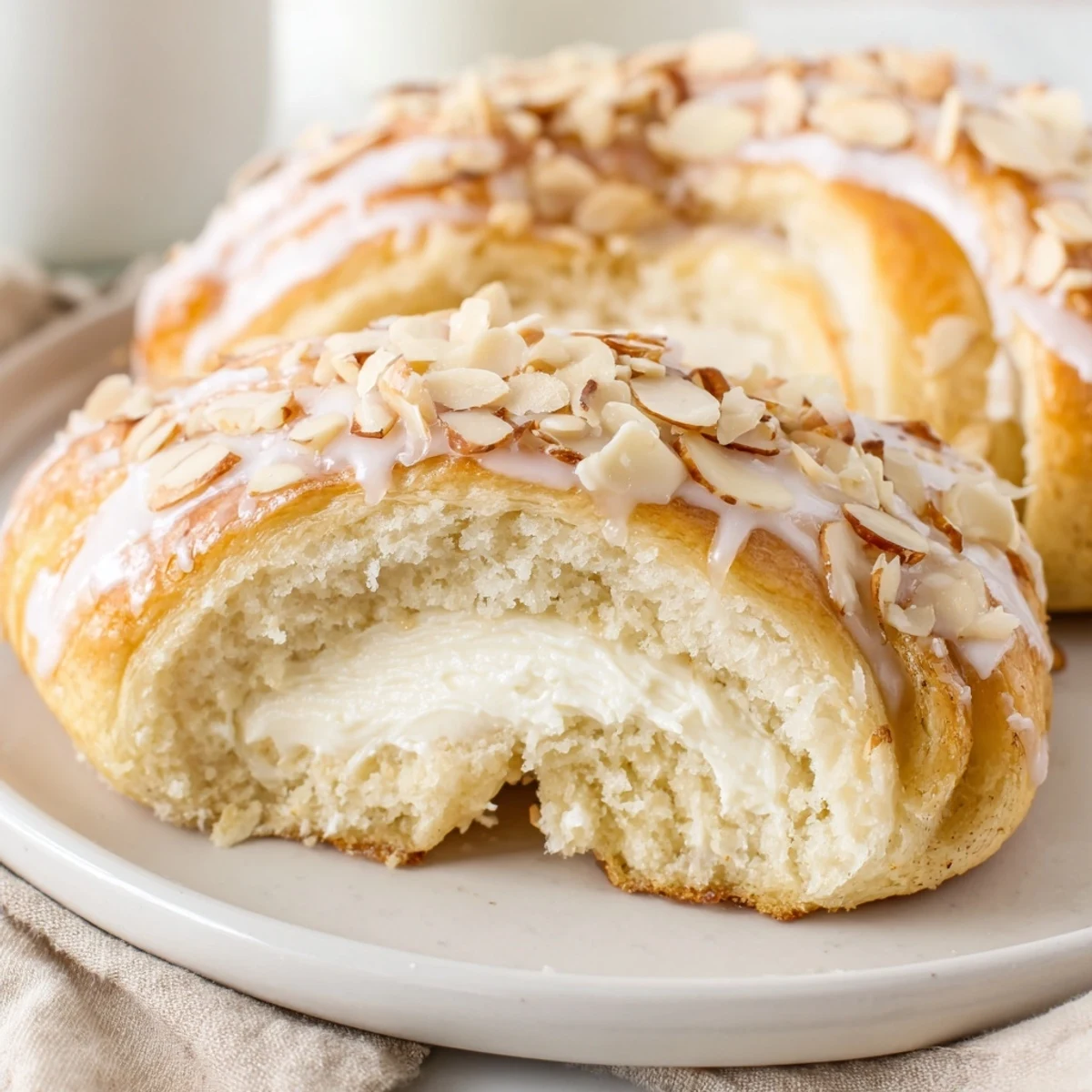 Fresh-baked Almond Cream Cheese Rolls on a gingham napkin, steam rising.