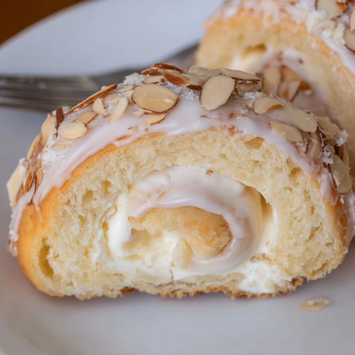 Soft, pillowy Almond Cream Cheese Rolls revealing creamy almond filling, served warm.