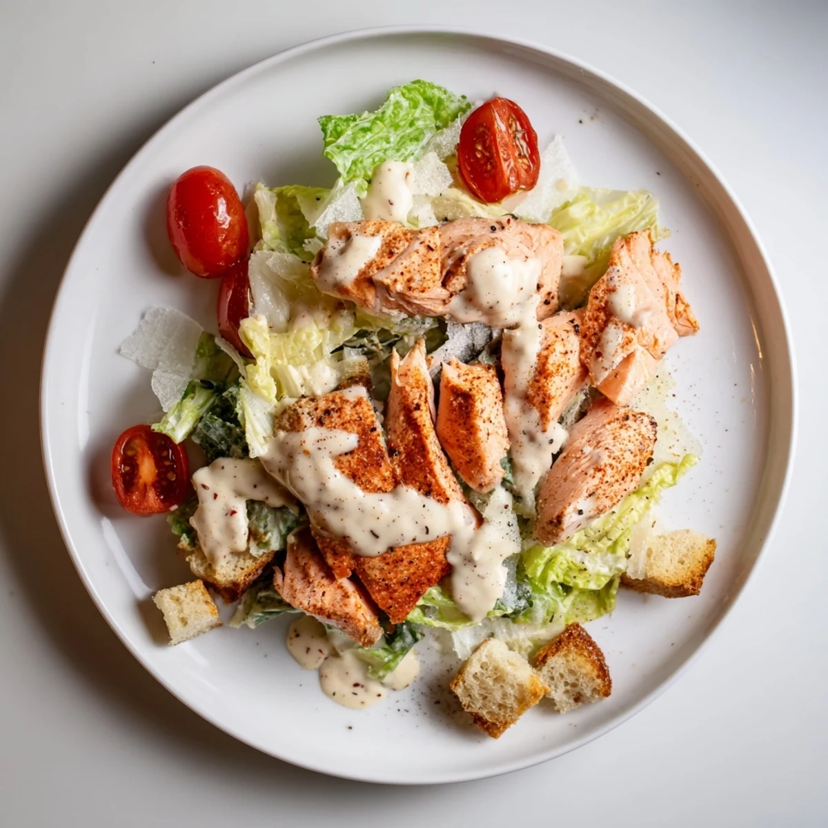 Roasted Smoky Salmon Caesar Salad with flaky salmon, crunchy croutons, crisp romaine