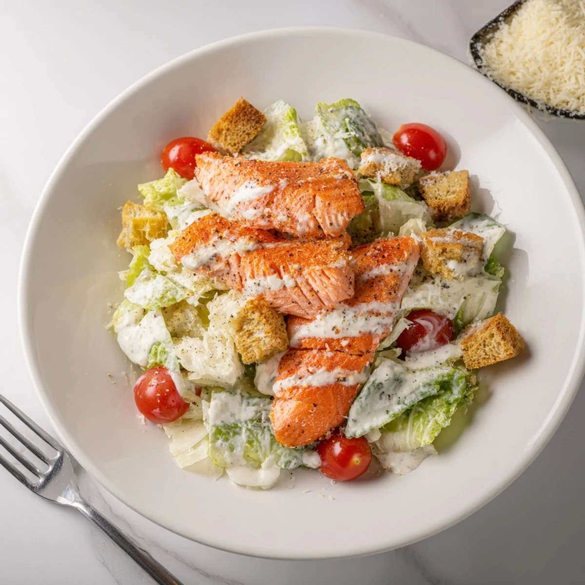 Bowl of Smoky Salmon Caesar Salad topped with shaved Parmesan and zesty lemon