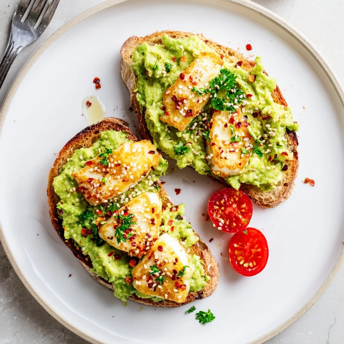 Crispy Halloumi Avocado Toast Recipe on sourdough, golden cheese, creamy avocado
