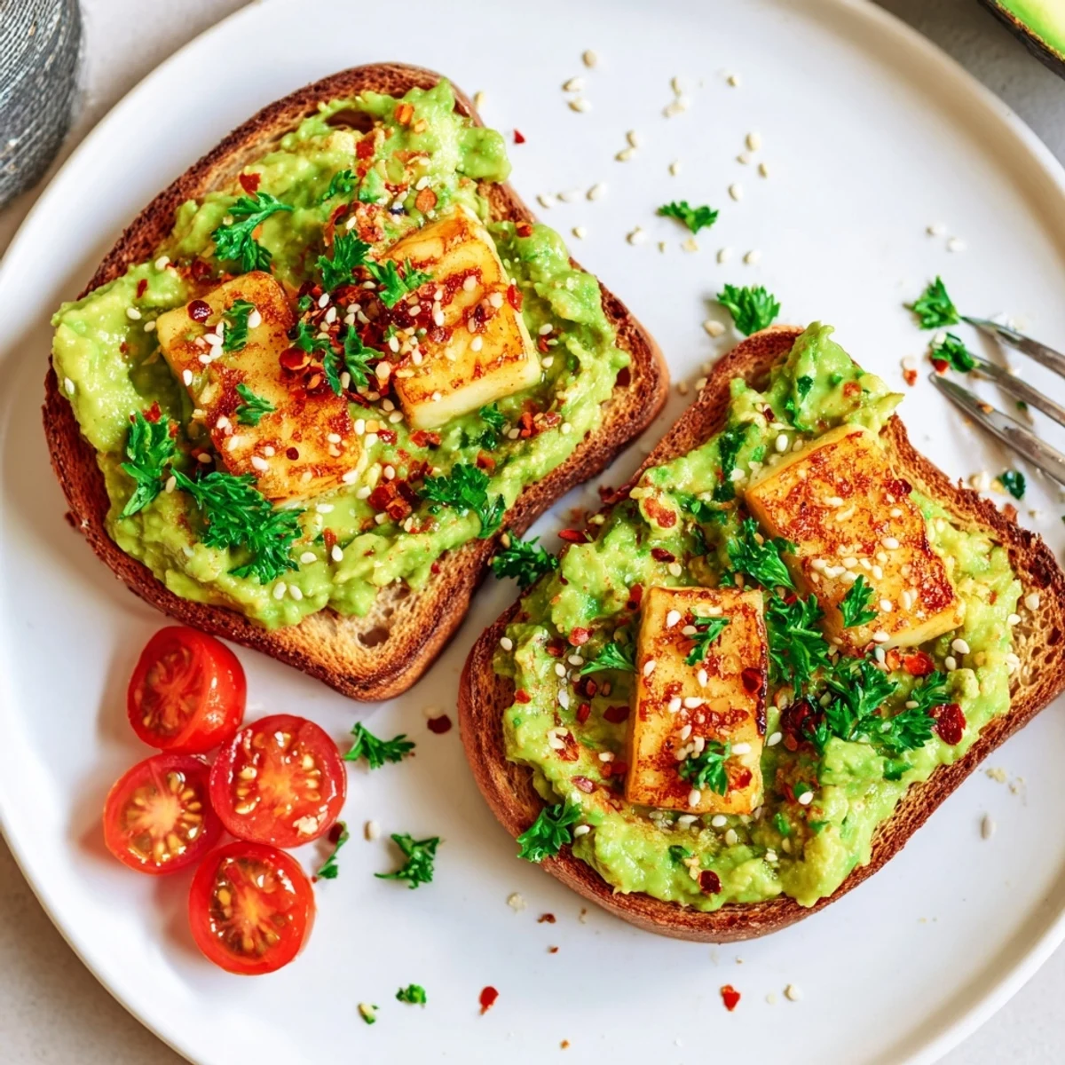 Grilled Crispy Halloumi Avocado Toast Recipe, buttery crunch and lemony mashed avocado