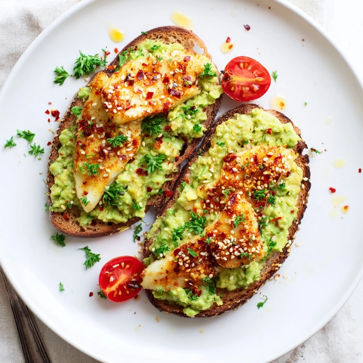 Warm Crispy Halloumi Avocado Toast Recipe plated with cherry tomatoes and herbs
