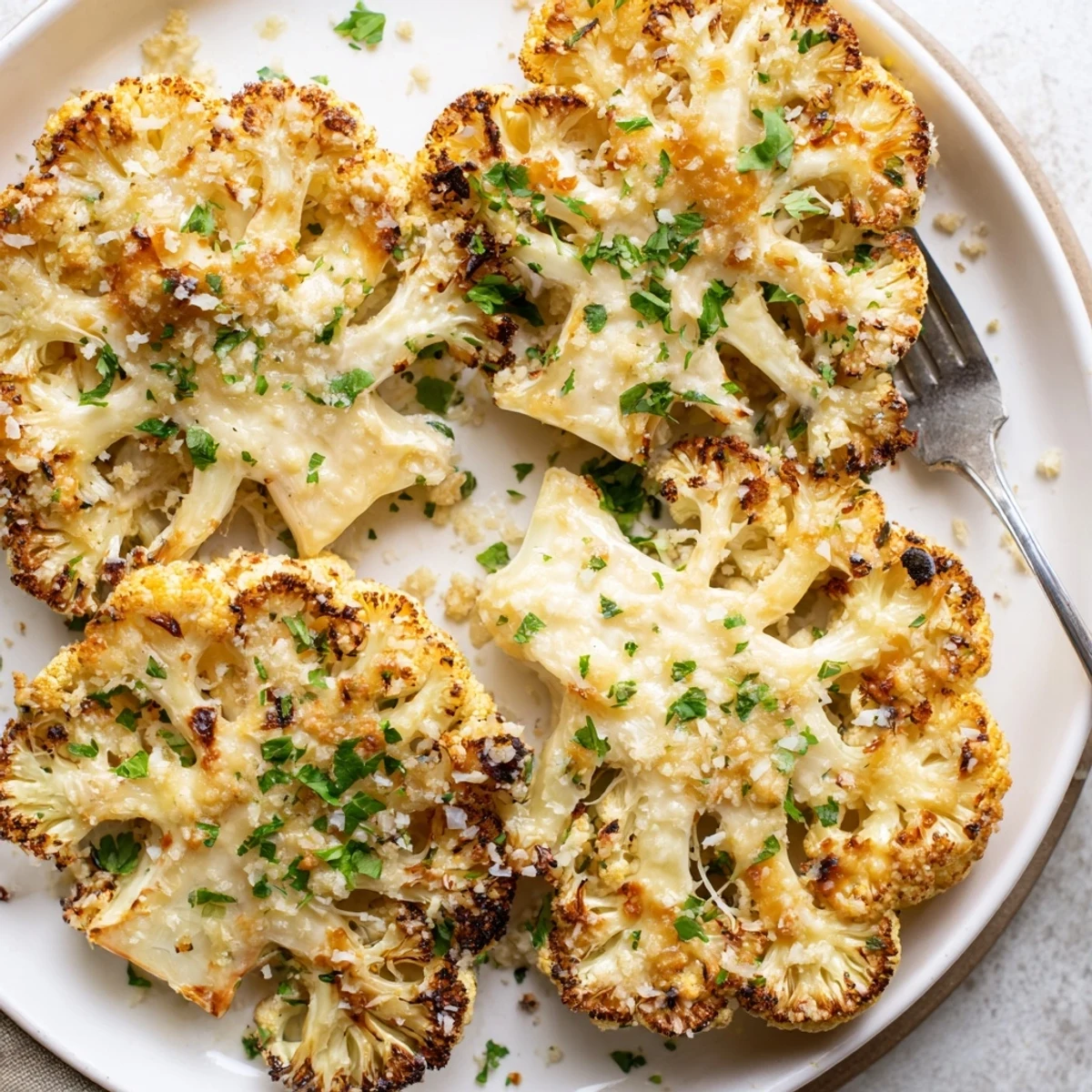 Cheesy Cauliflower Steaks with bubbling golden cheese, roasted edges and parsley