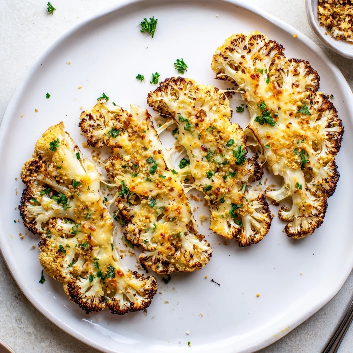 Oven-roasted Cheesy Cauliflower Steaks topped with crunchy breadcrumbs, warm creaminess