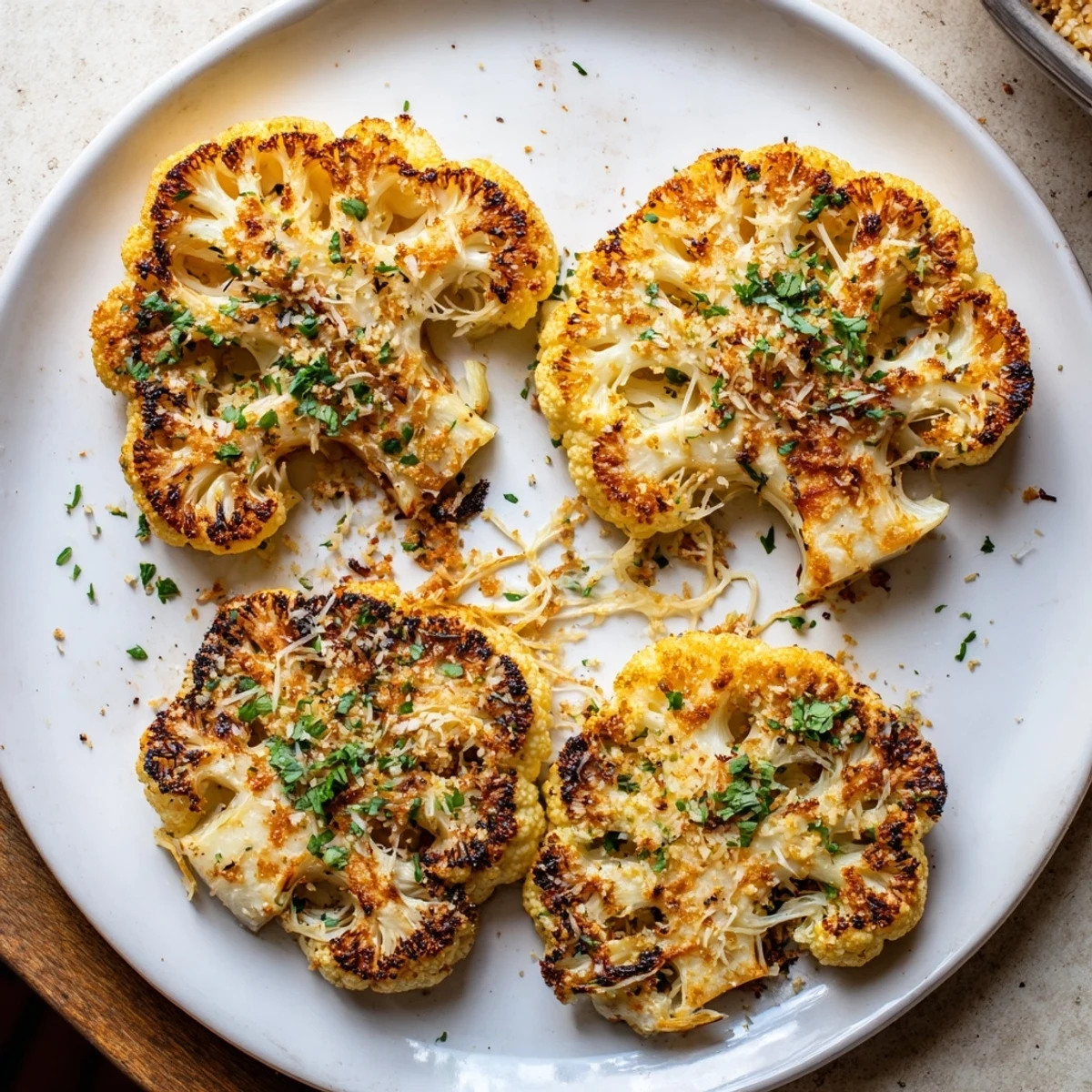 Sliced Cheesy Cauliflower Steaks served hot alongside crisp salad for dinner
