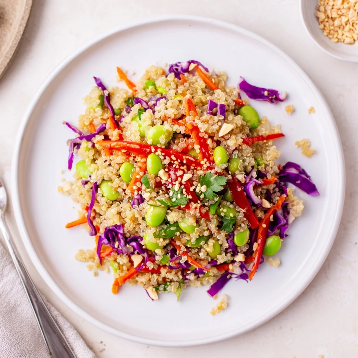 Chilled Asian Dressing Quinoa Salad served in bowl, tangy ginger-garlic aroma