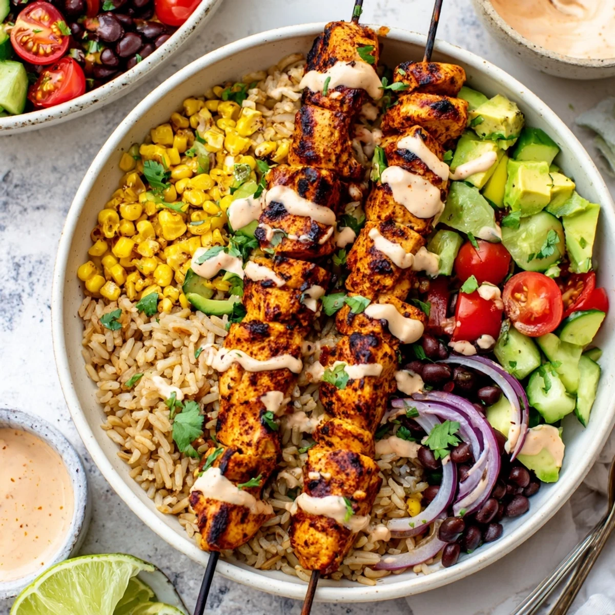 Smoky Chicken Skewer Bowl Recipe with charred skewers, creamy avocado, zesty lime wedge.