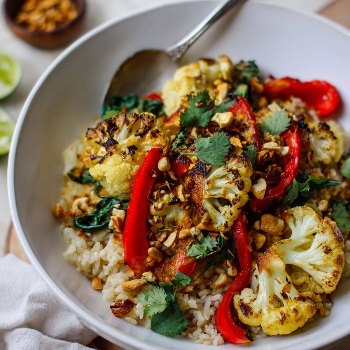 Roasted Cauliflower Red Curry Rice steaming on plate, fragrant coconut lime aroma  