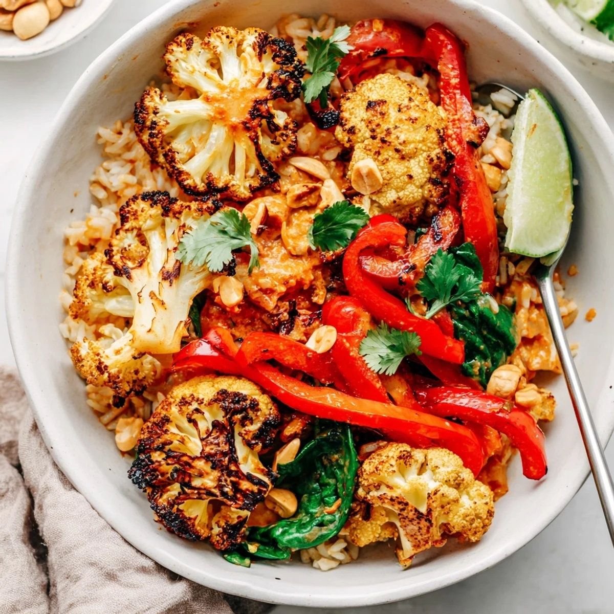 Caramelized florets in Roasted Cauliflower Red Curry Rice with zesty lime wedge