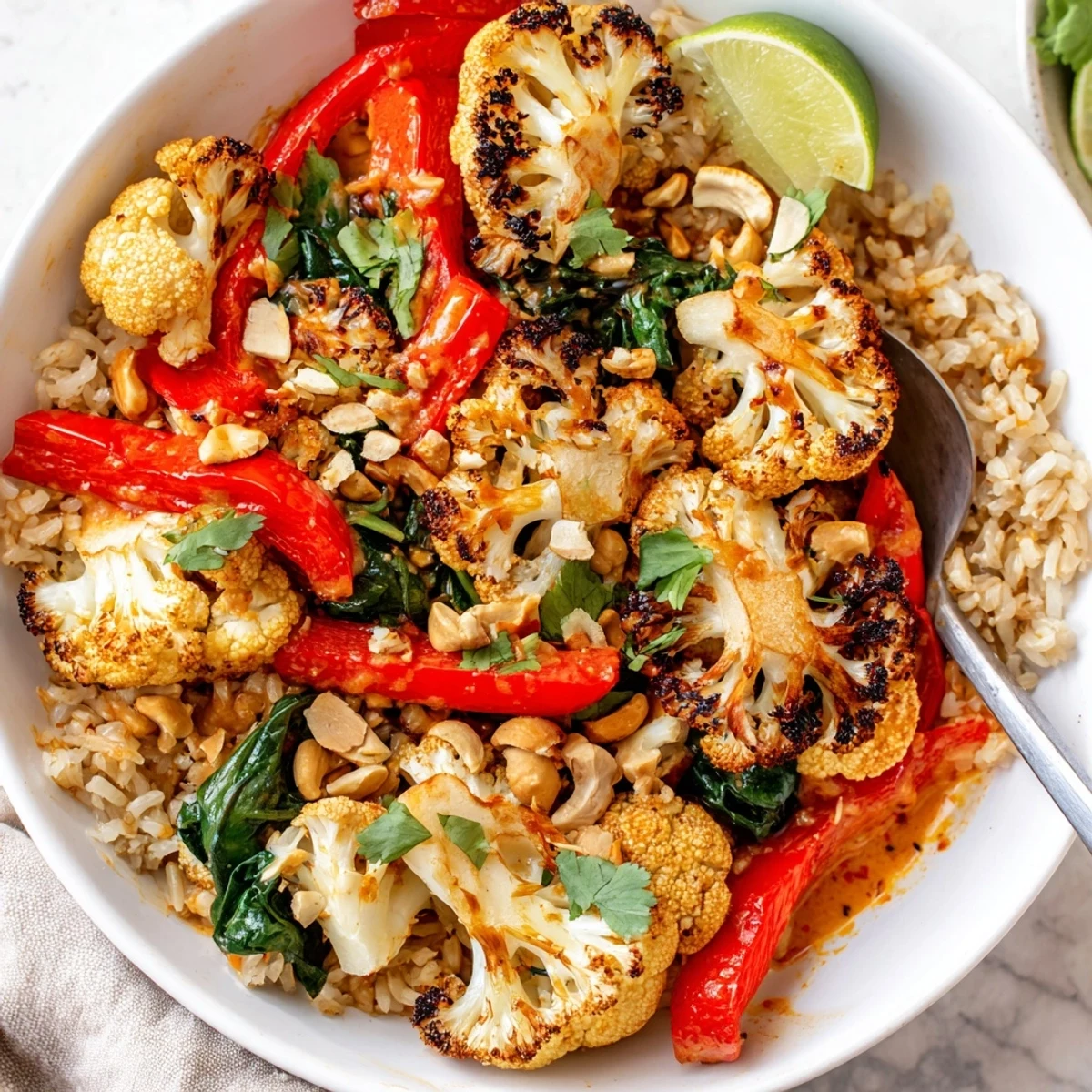 Bowl of Roasted Cauliflower Red Curry Rice topped with cilantro and cashews  