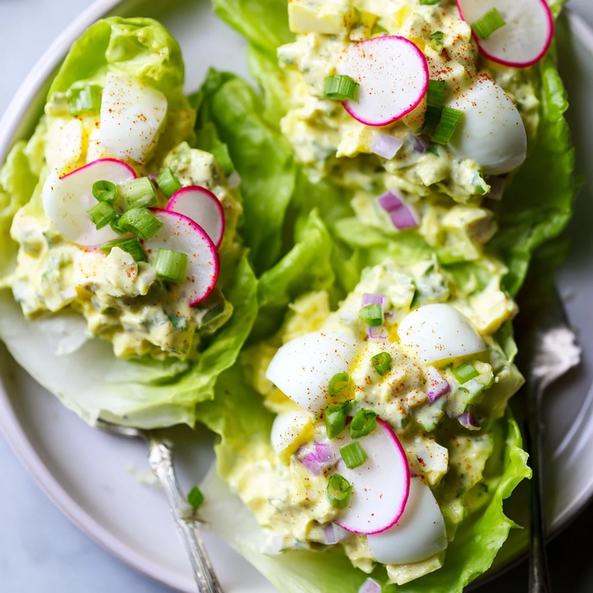 Close-up of Egg Salad Lettuce Wraps with crunchy celery and paprika dusting