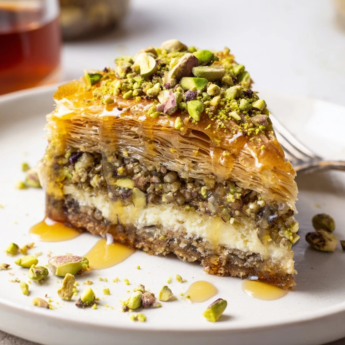 Pistachio Baklava Cheesecake drizzled with honey syrup, chopped nuts, cozy slice