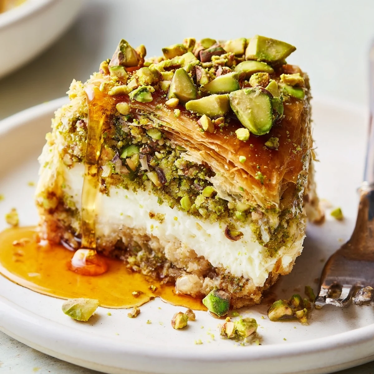Creamy Pistachio Baklava Cheesecake with crisp phyllo layers, garnished for serving