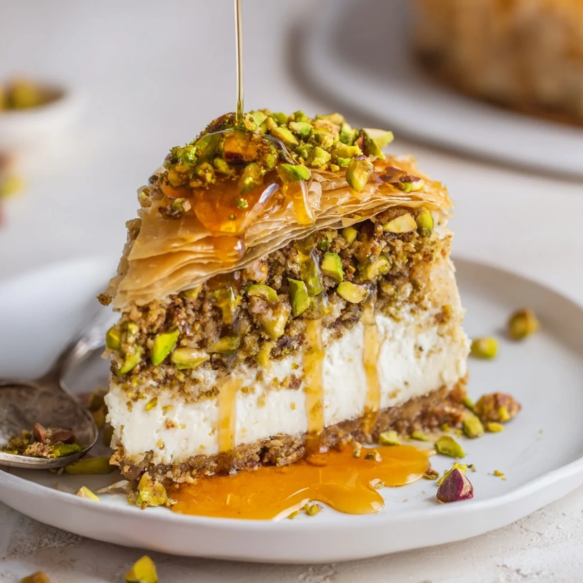 Chilled Pistachio Baklava Cheesecake slice next to Turkish coffee, buttery crunch