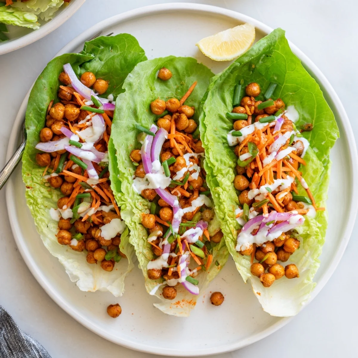 Pan-seared Buffalo Chickpea Lettuce Wraps, tangy sauce, vibrant greens and crunch