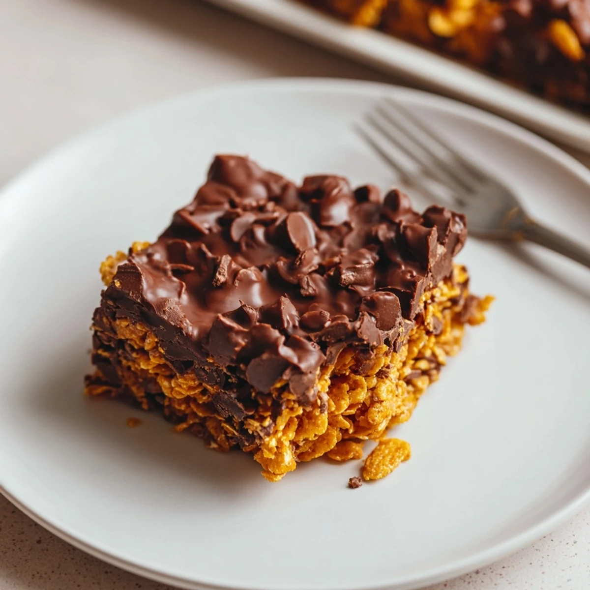 Cornflake Chocolate Fudge Bars chilled, sliced and stacked for party dessert  