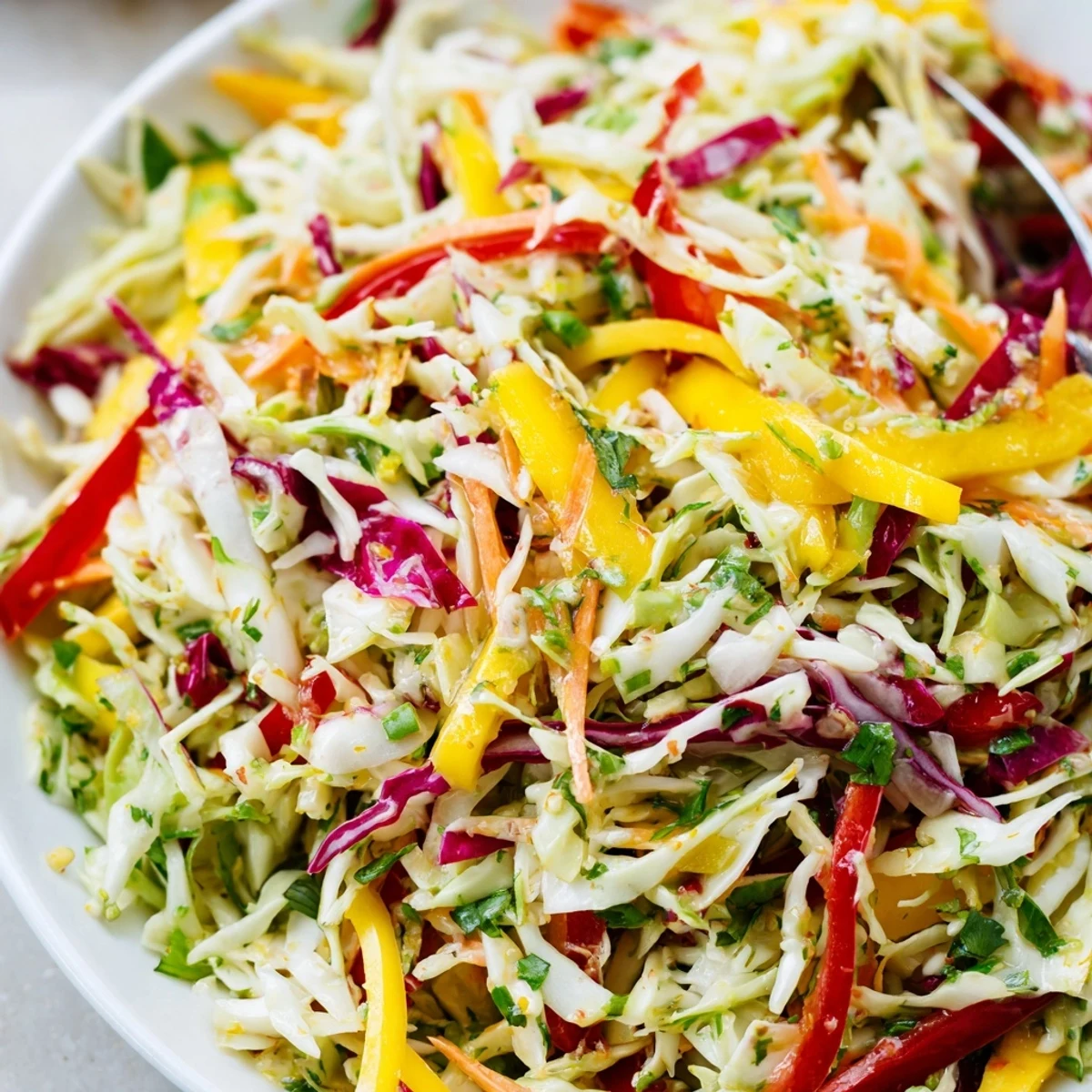 Chilled Mango Cabbage Citrus Slaw with juicy mango ribbons and crunchy cabbage