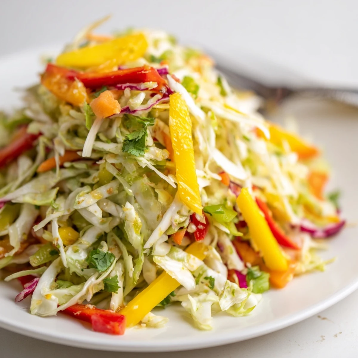 Zesty Mango Cabbage Citrus Slaw piled next to grilled fish, aromatic cilantro
