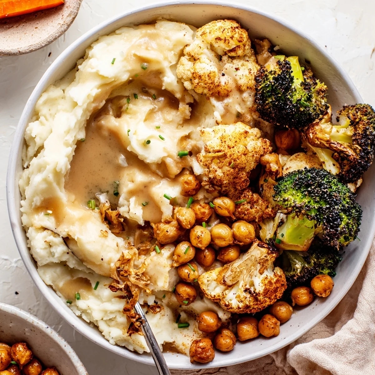 Vegan Mashed Potato Bowls steaming with creamy potatoes, roasted veggies, and savory gravy