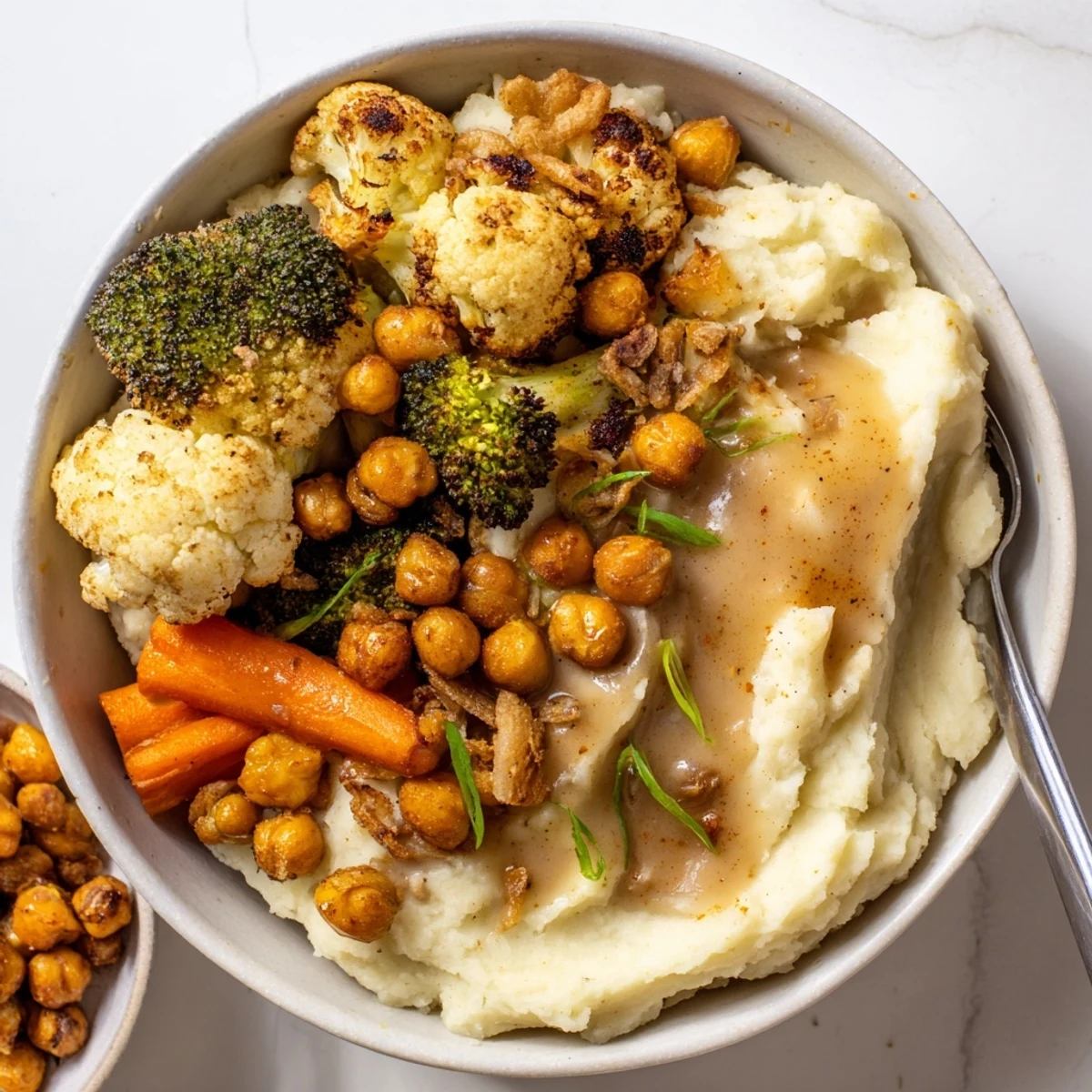 Hearty Vegan Mashed Potato Bowls served warm with garlicky mash and gravy drizzle
