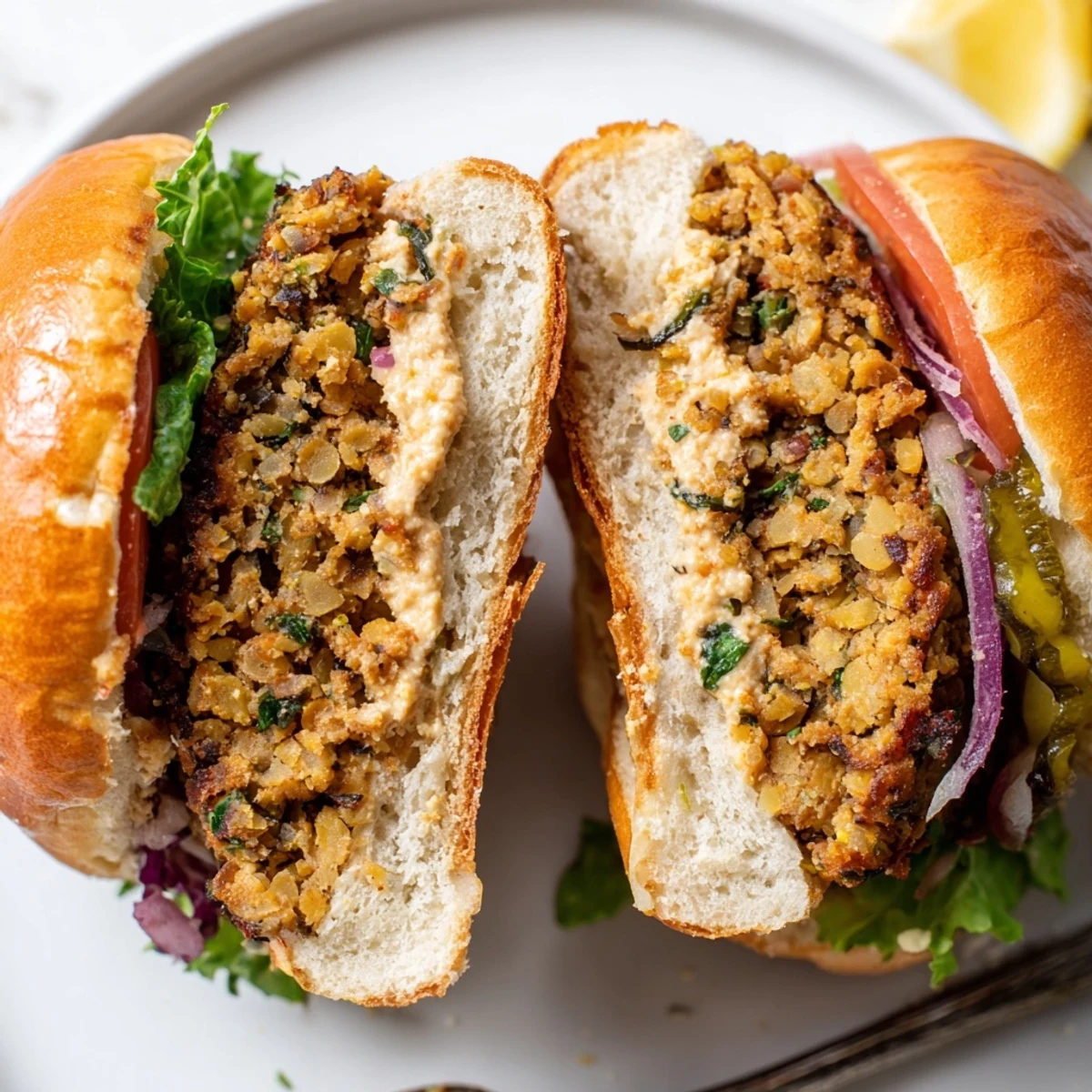 Chickpea Cauliflower Burger topped with tomatoes and greens, skillet-seared and golden