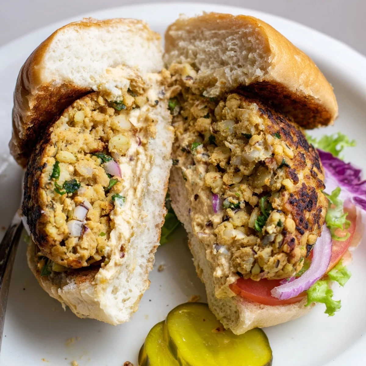 Warm Chickpea Cauliflower Burger resting on toasted bun with creamy hummus