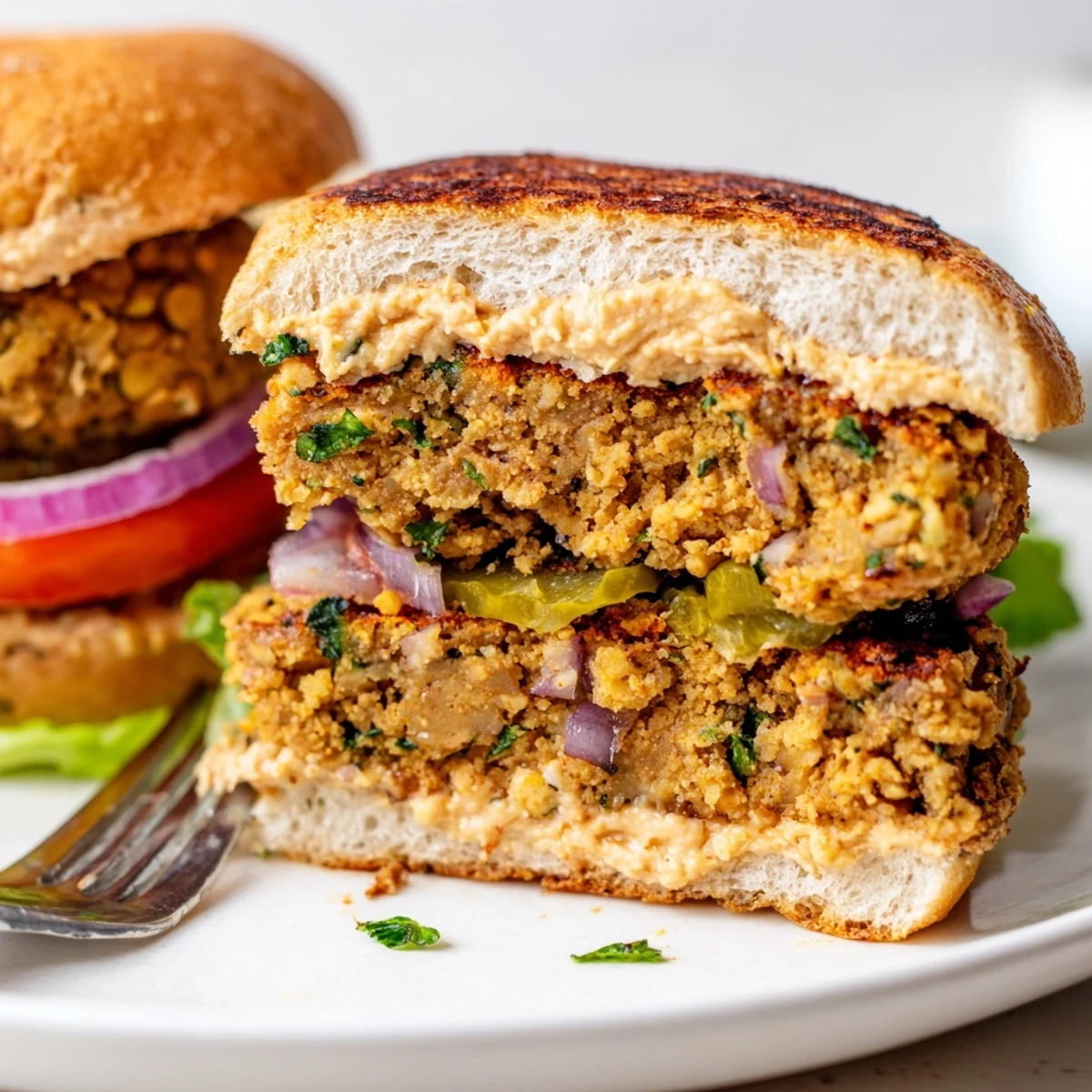 Crispy Chickpea Cauliflower Burger fragrant with herbs, plated beside sweet potato fries