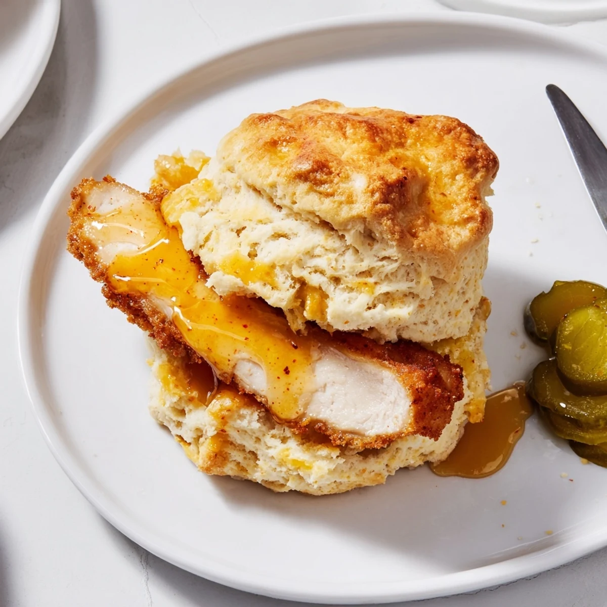 Hot Honey Chicken Biscuits recipe: flaky biscuit split, crisp fried chicken, spicy-sweet drizzle.