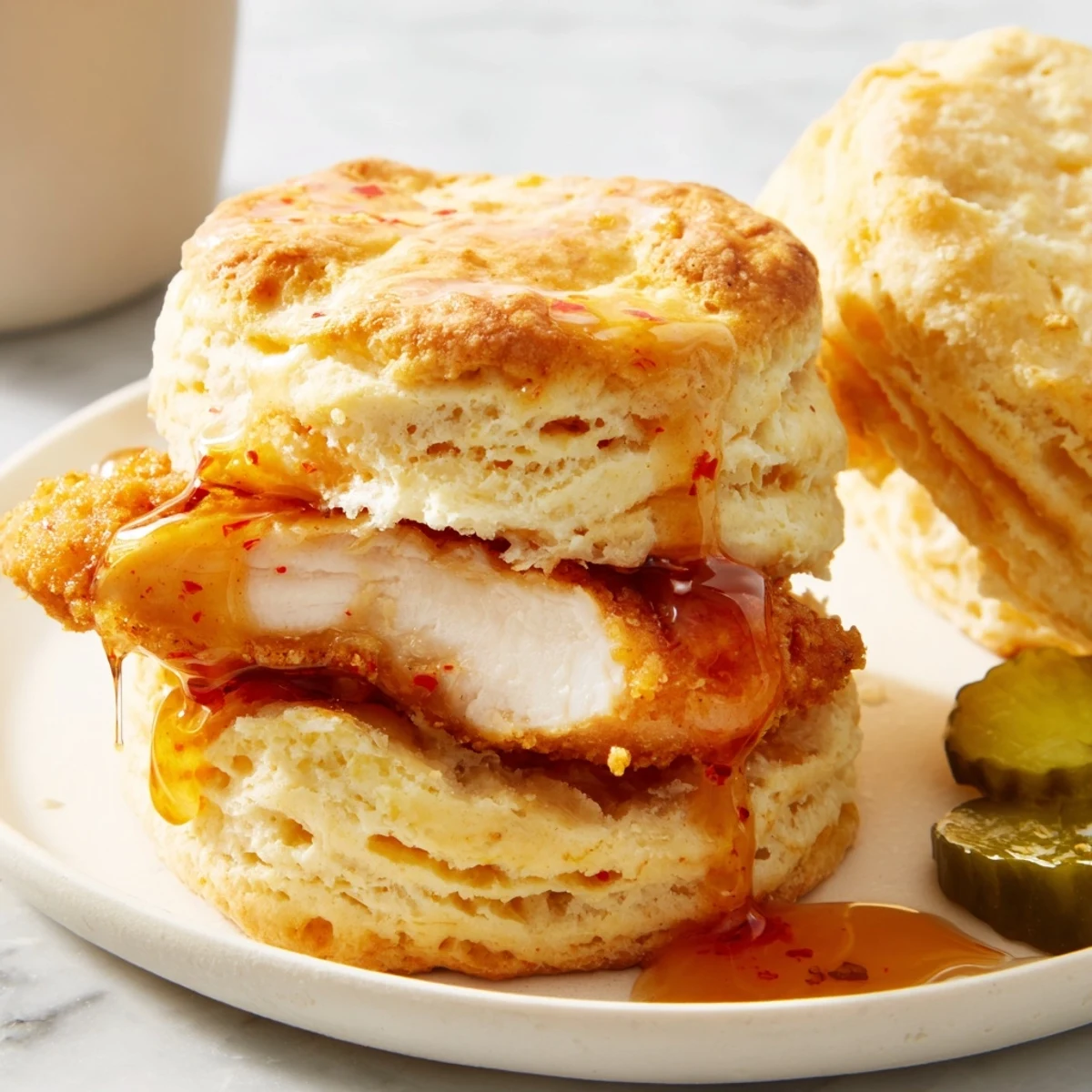 Biting into Hot Honey Chicken Biscuits reveals crunchy cutlet, buttery biscuit, sticky heat.