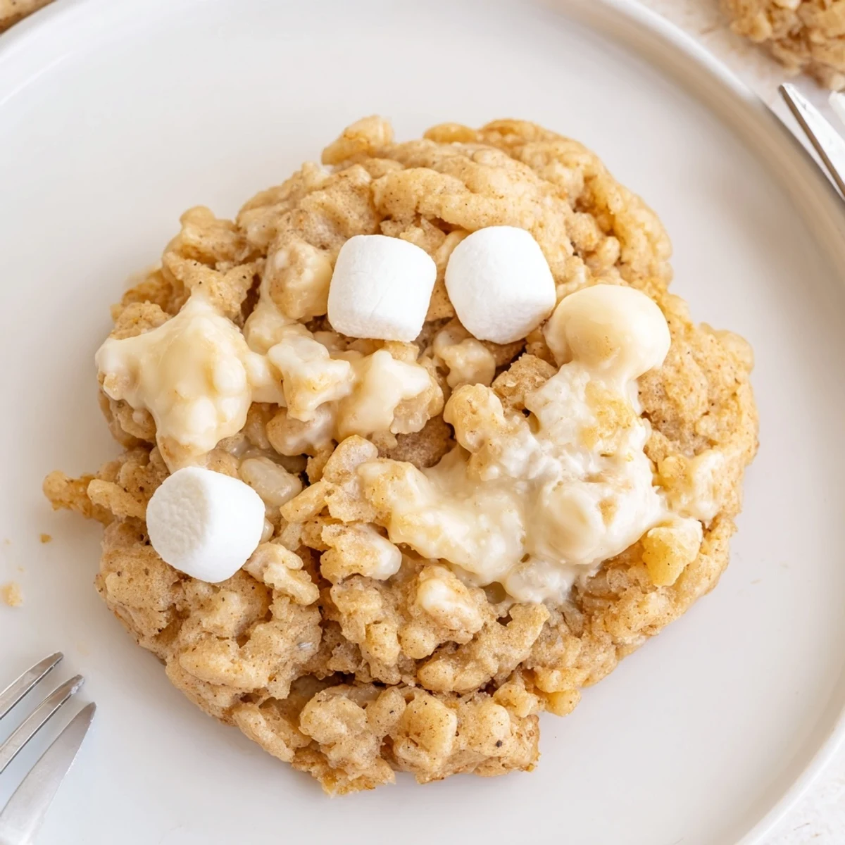 Rice Krispie Treat Cookies warm from the oven, gooey marshmallow-studded centers