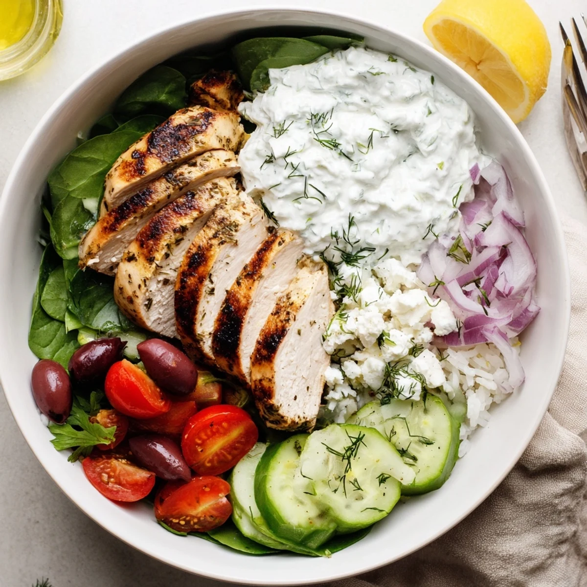Mediterranean Chicken Bowl with grilled lemon chicken, vibrant veggies, creamy tzatziki drizzle