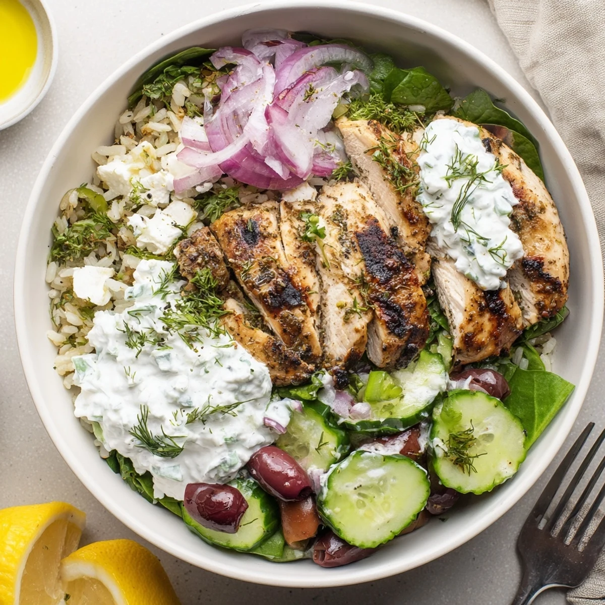 Steaming Mediterranean Chicken Bowl served over herbed rice, feta crumbles, fresh parsley