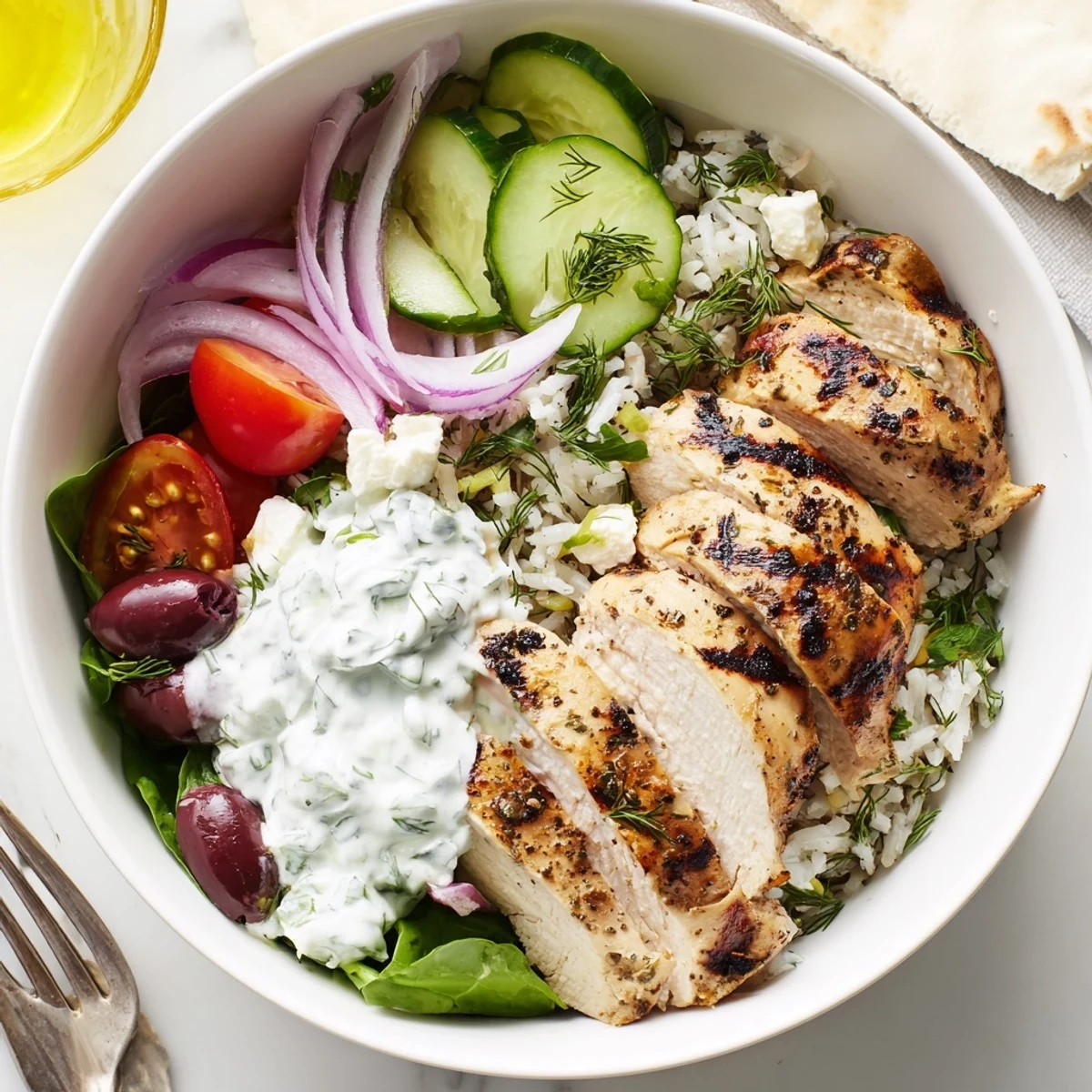 Close-up of Mediterranean Chicken Bowl: charred chicken slices, crisp cucumber, olive tang