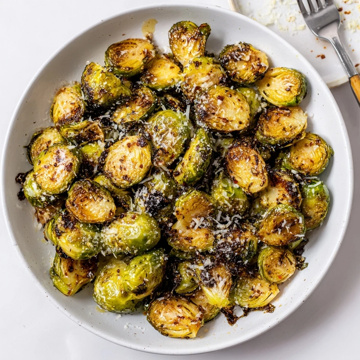 Crispy Air Fryer Brussels Sprouts: golden-brown edges, garlic-scented, served with lemon