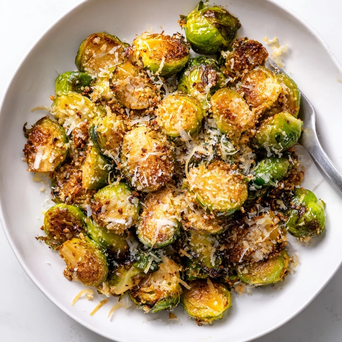 Serve Crispy Air Fryer Brussels Sprouts hot, crunchy, tossed with Parmesan