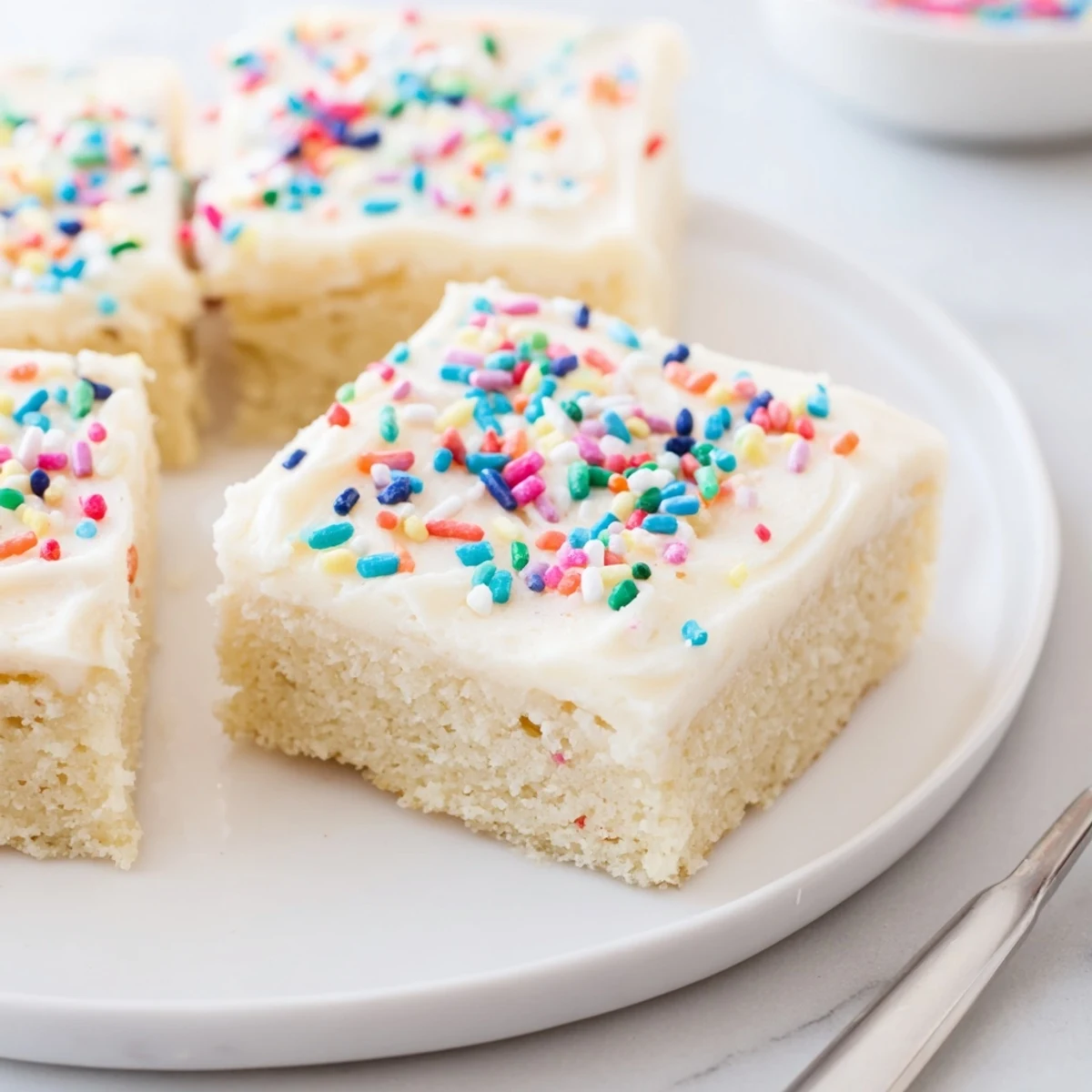 Frosted Sugar Cookie Bars Recipe: soft buttery bars with creamy frosting and sprinkles