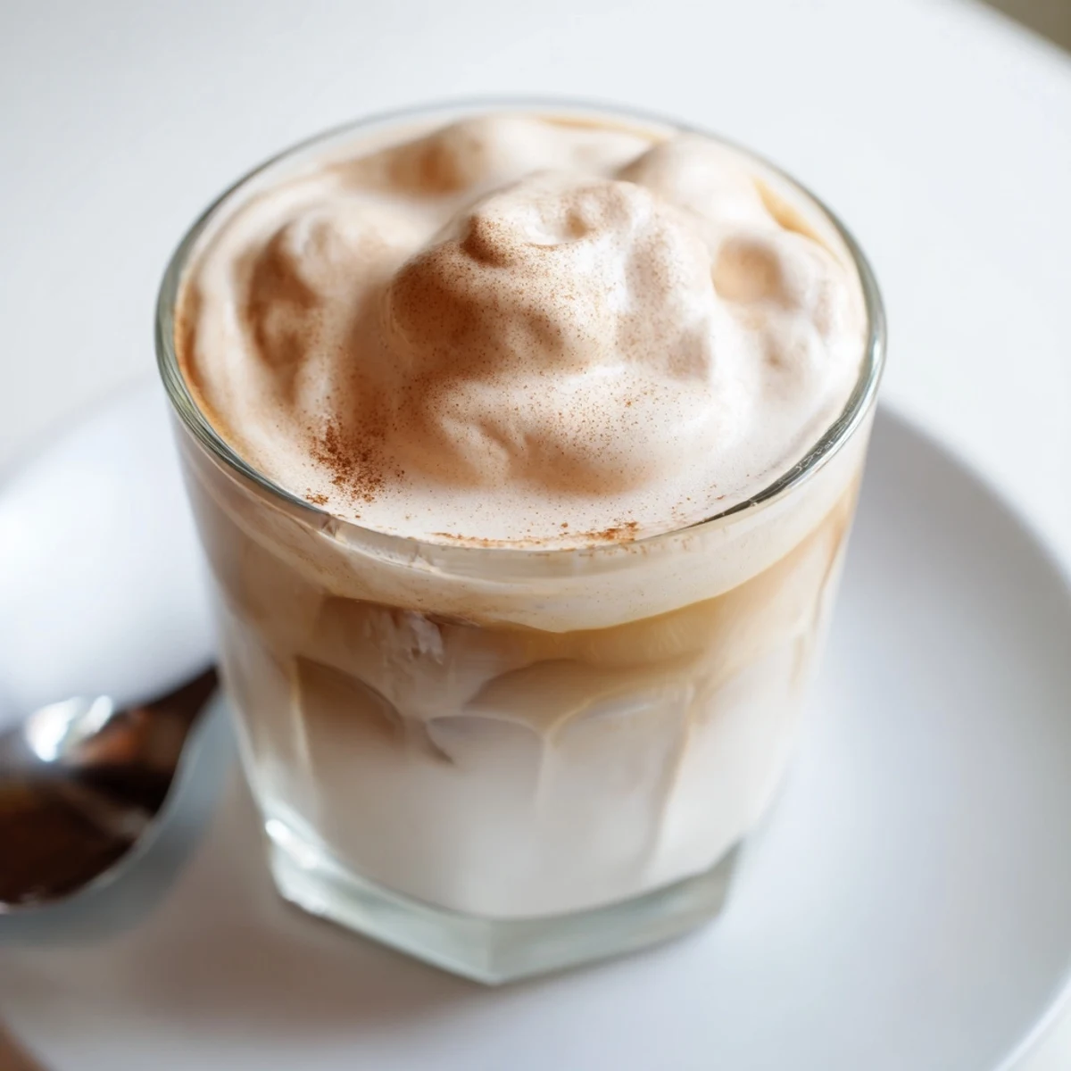 Whipped Coffee layered over cold milk, frothy peak and ice glinting.