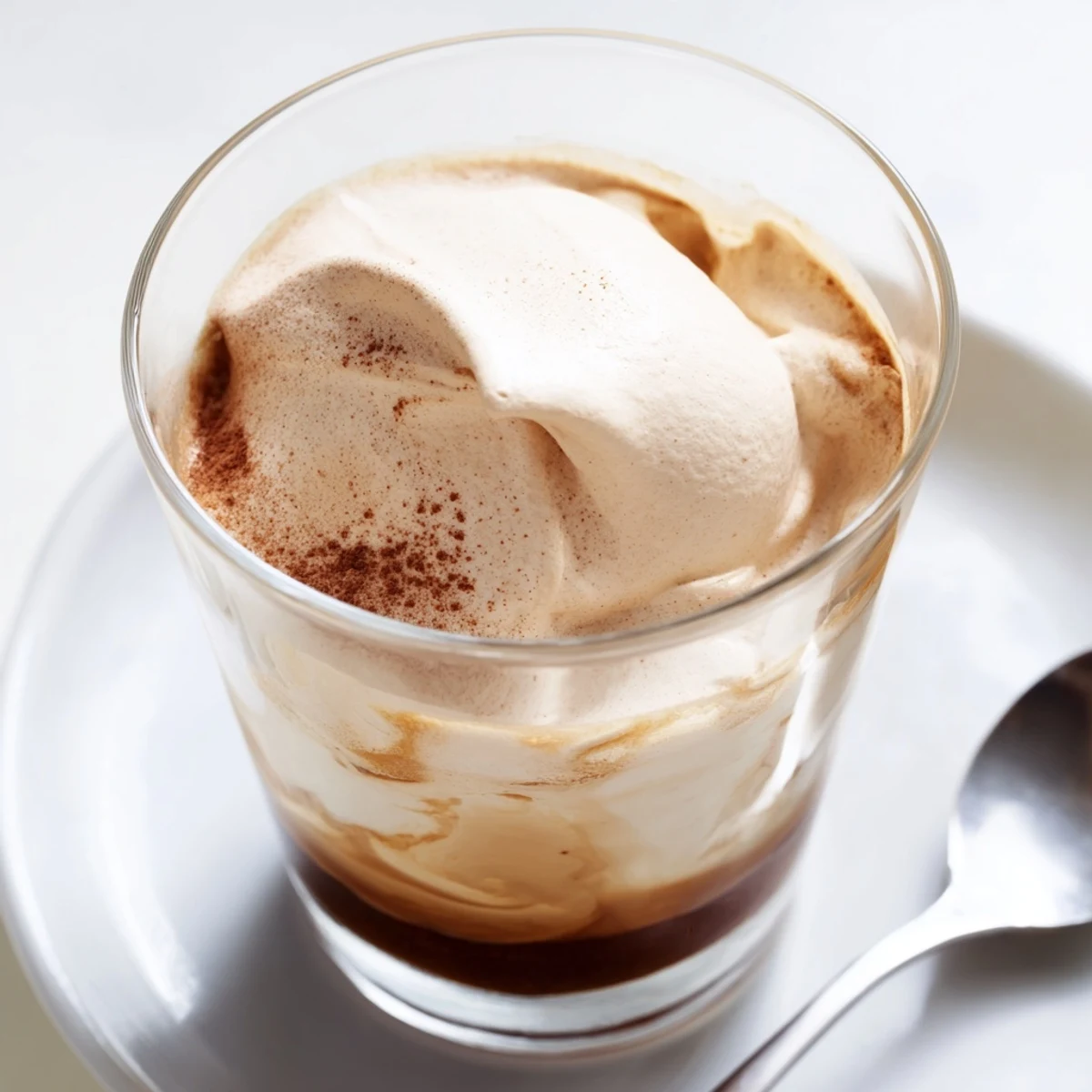 Creamy Whipped Coffee dollop on oat milk, cinnamon dusting, ready to serve.
