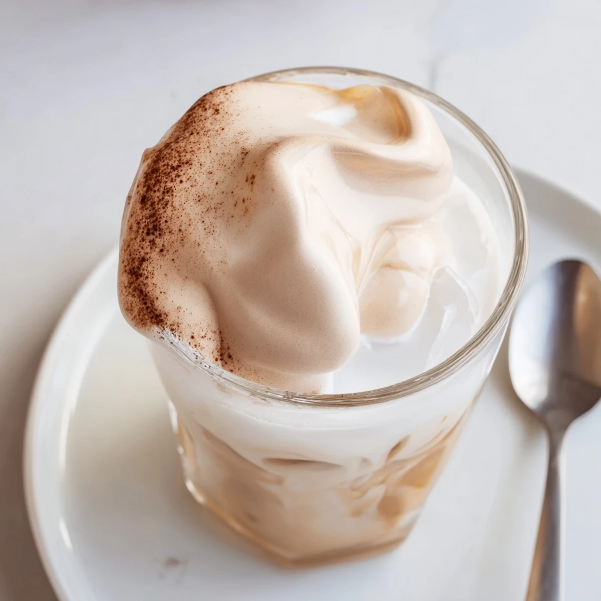 Hand-whisked Whipped Coffee forming soft peaks, spoon poised above glass.