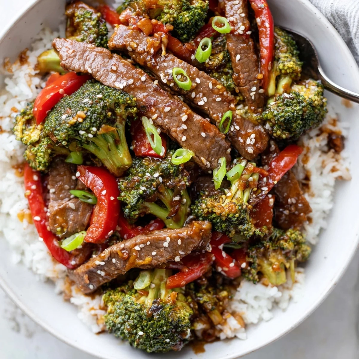 Beef And Broccoli Stir Fry glistening in savory garlic sauce over steamed rice