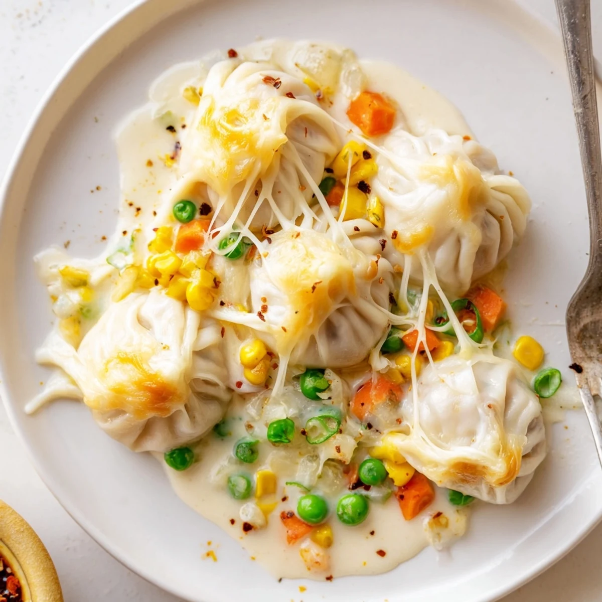 Warm skillet reveals Trader Joe’s Soup Dumpling Bake steaming, savory aroma filling kitchen.