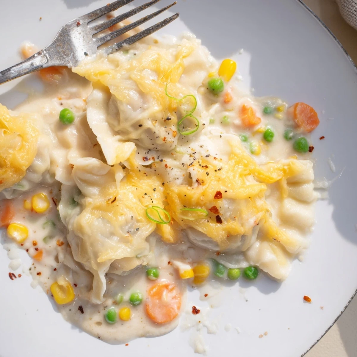 Trader Joe’s Soup Dumpling Bake, bubbling golden with melted cheddar and scallions.