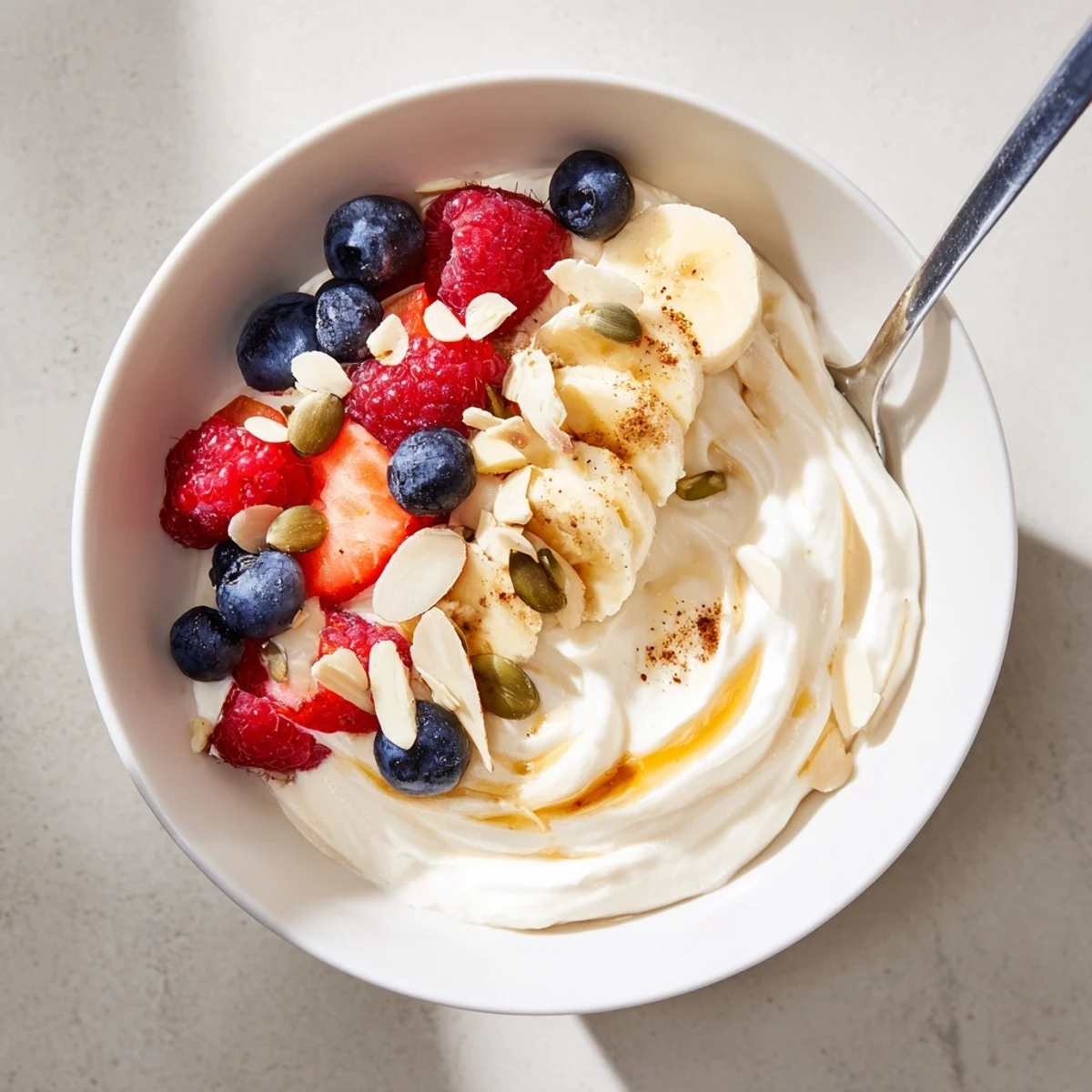 High Protein Greek Yogurt Bowl with fresh berries, sliced banana, crunchy almonds
