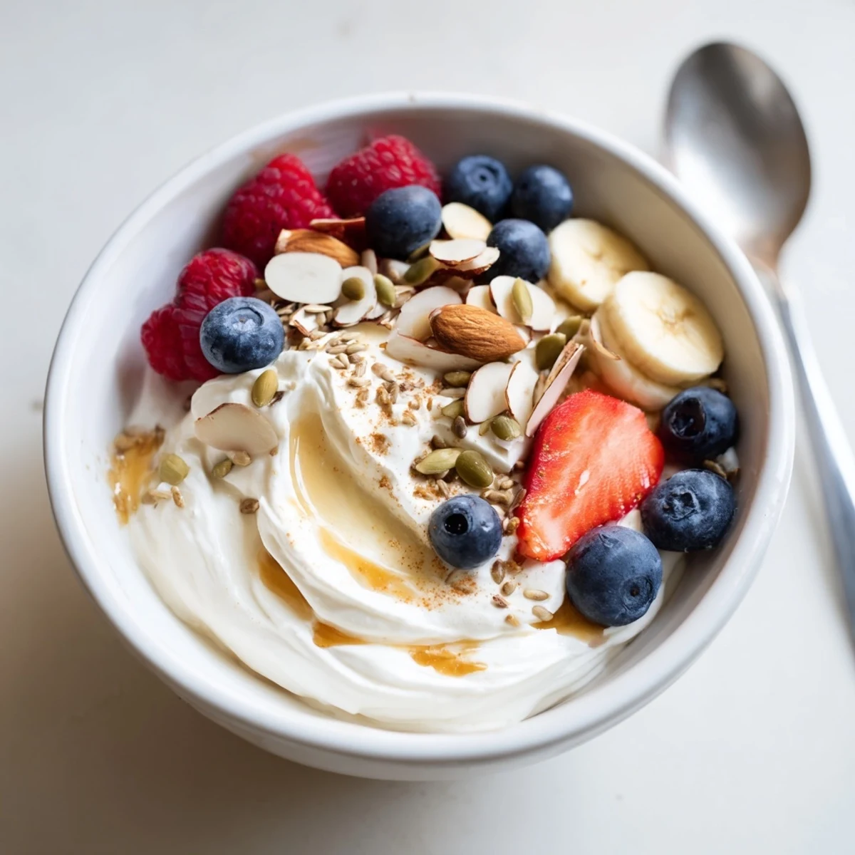 Creamy High Protein Greek Yogurt Bowl drizzled with honey, sprinkled chia seeds