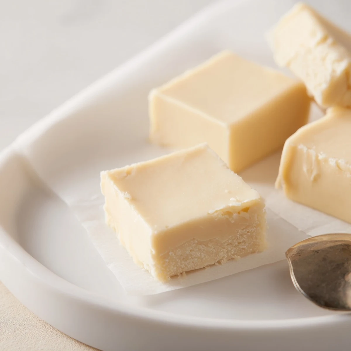 Kentucky Cream Candy squares on parchment, buttery sheen and soft texture.