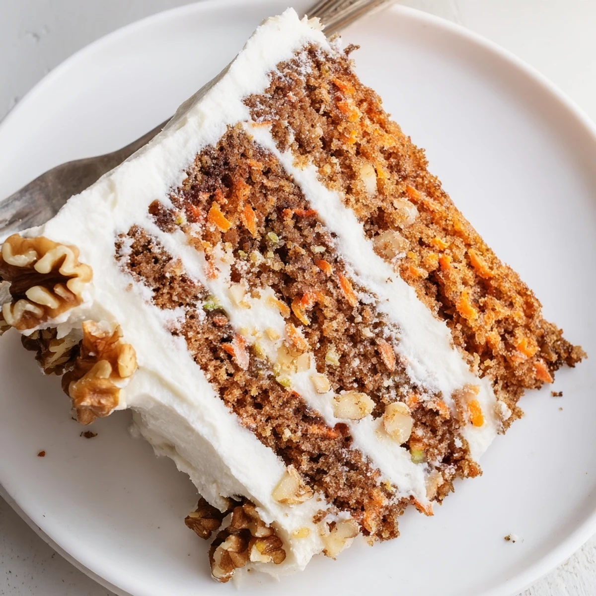 Sliced Carrot Cake With Cream Cheese Frosting on plate, moist crumb.  